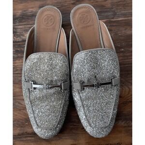 Tory Burch Glitter Mules Slides Loafers Sparkle Silver Shoes Size?‎